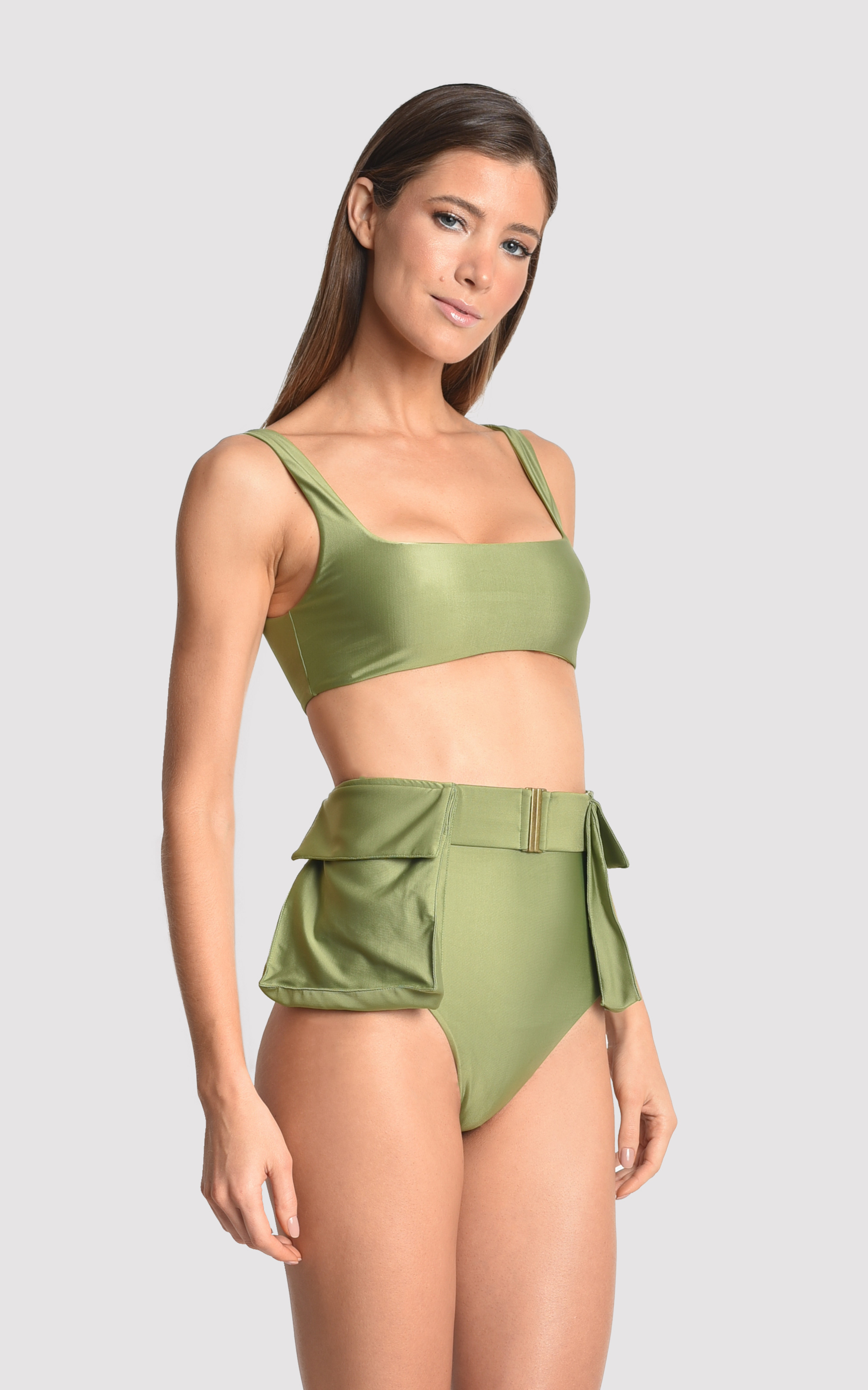 Green Moss Square Neck Hw Runway Bikini + Belt 