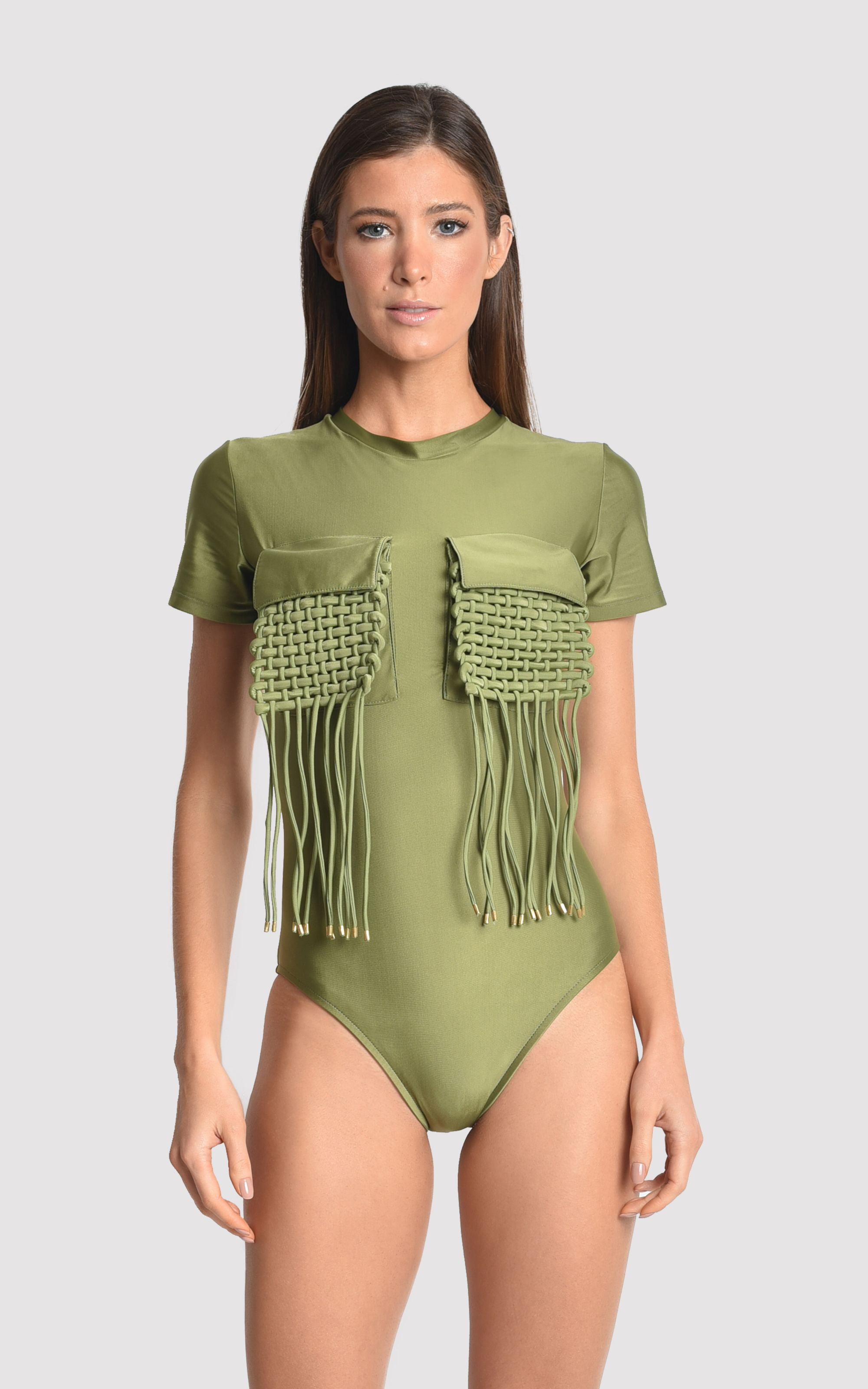 Green Moss Utilitarian Runway Maillot 