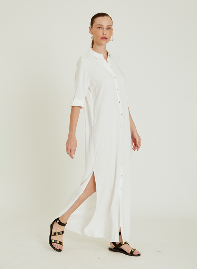 Off White Side Slit Long Chemisier Dress