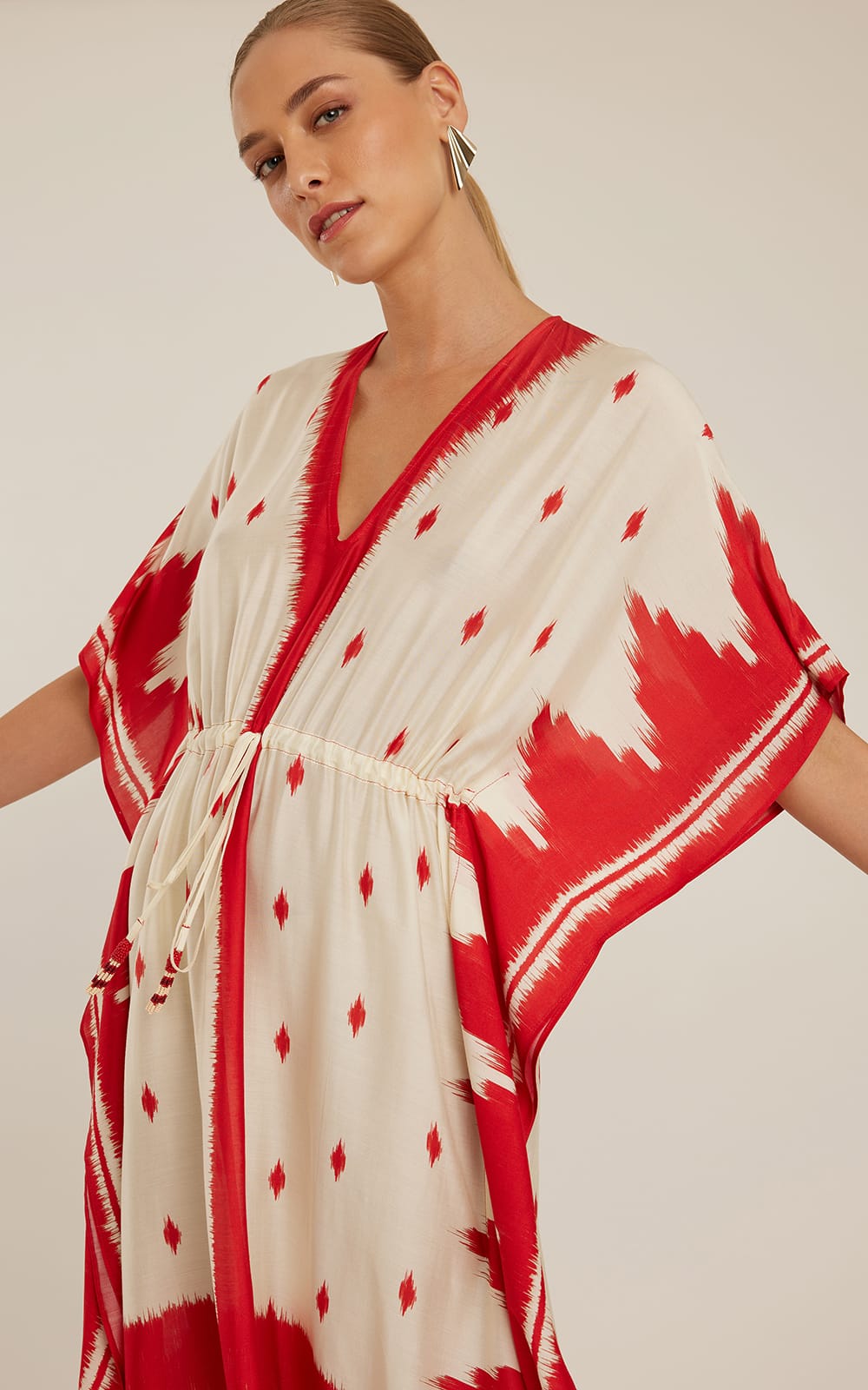 RED IKAT V NECKLINE KAFTAN