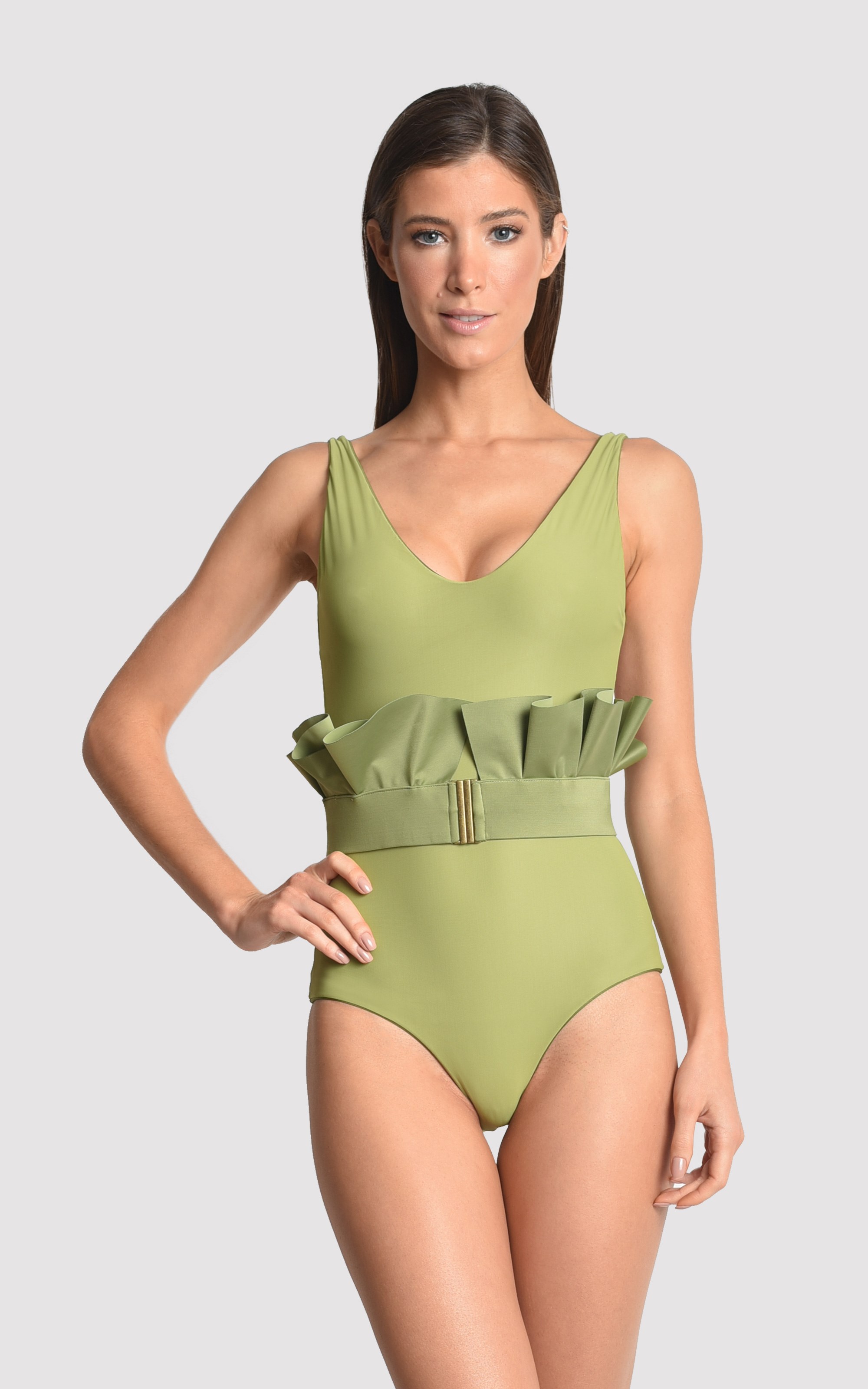 Green Grass / Green Moss Basic V Neck Runway Maillot + Belt 