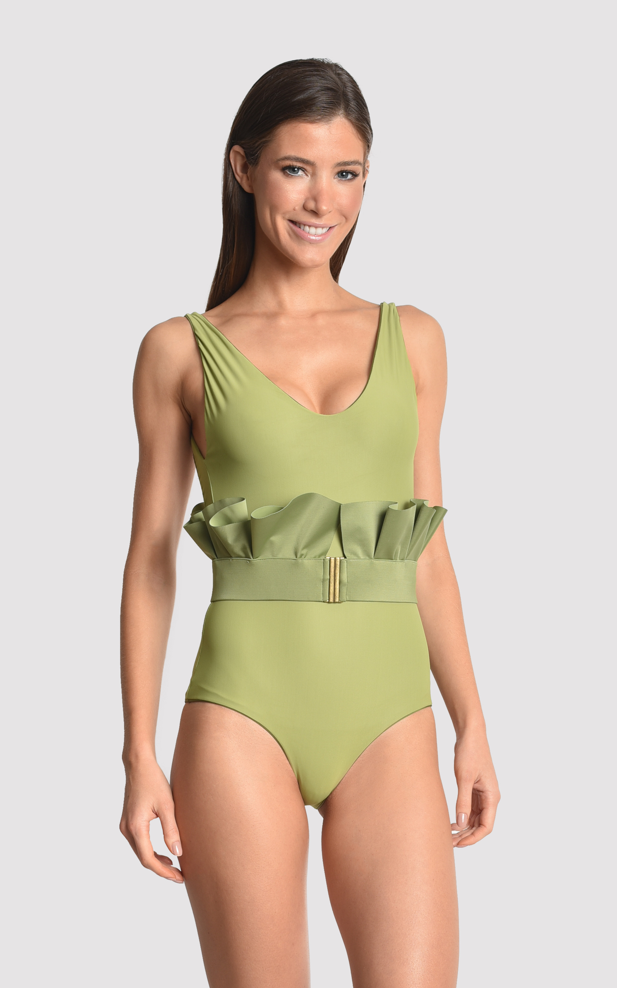 Green Grass / Green Moss Basic V Neck Runway Maillot + Belt 