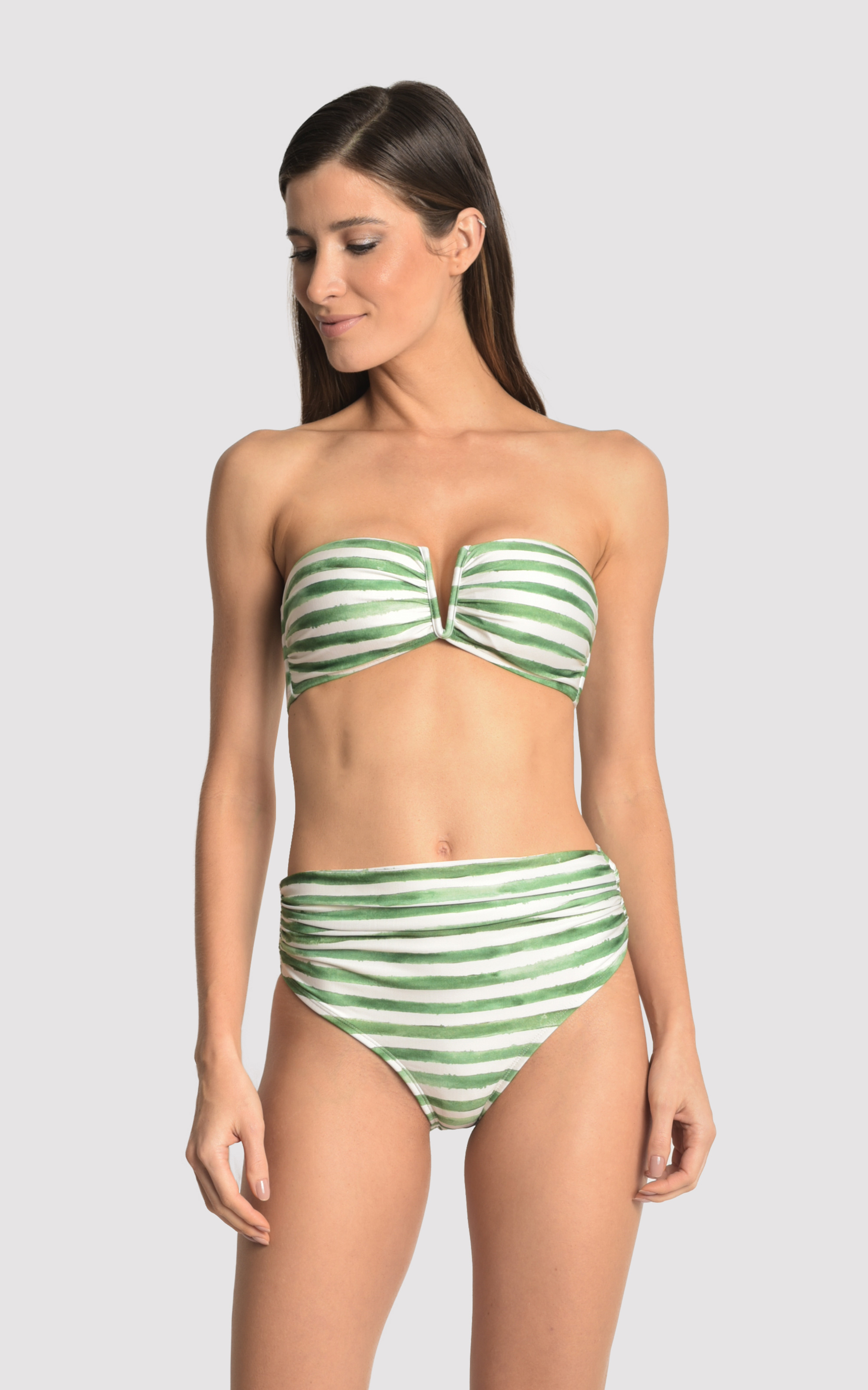 Green Stripe V Drop Bandeau Hw Ruched Bikini 
