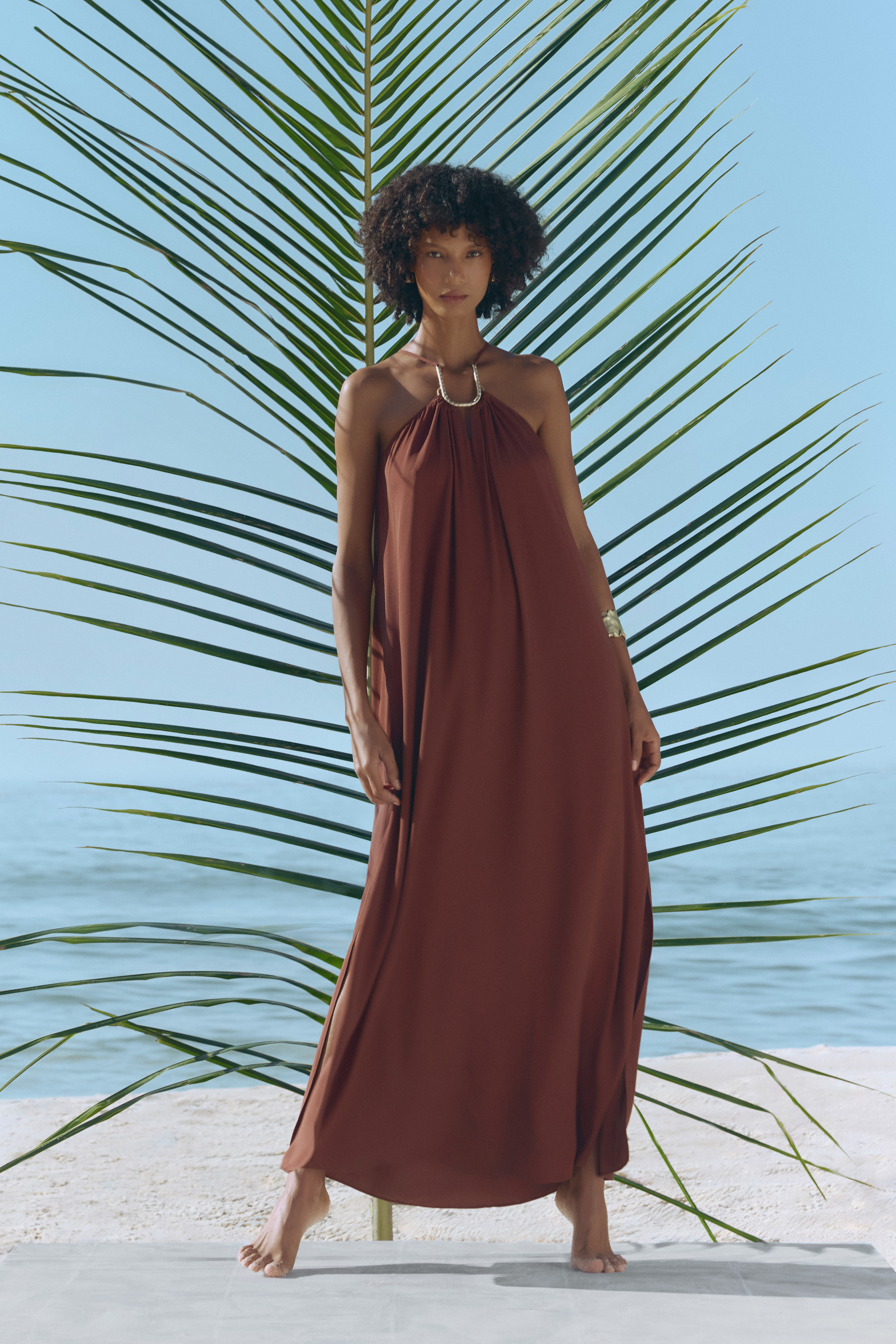 CAPPUCINO BROWN SQUARE DETAIL LONG DRESS