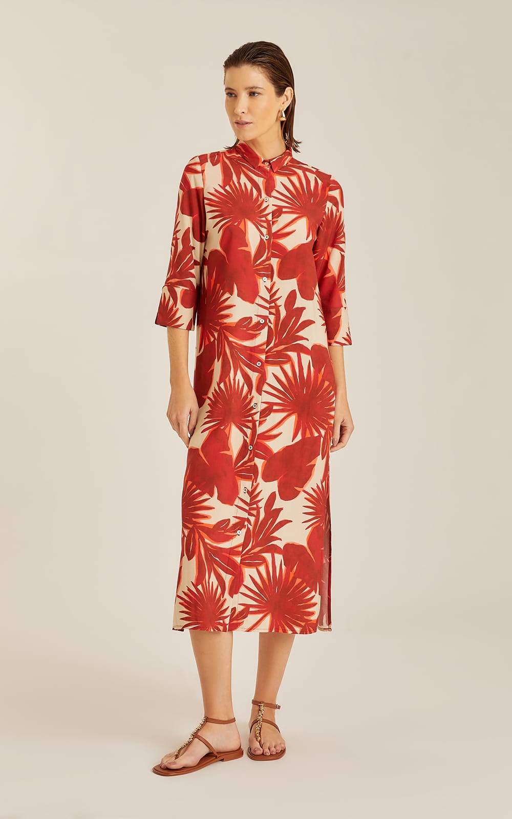 PALM SIDE SLIT LONG SHIRT DRESS