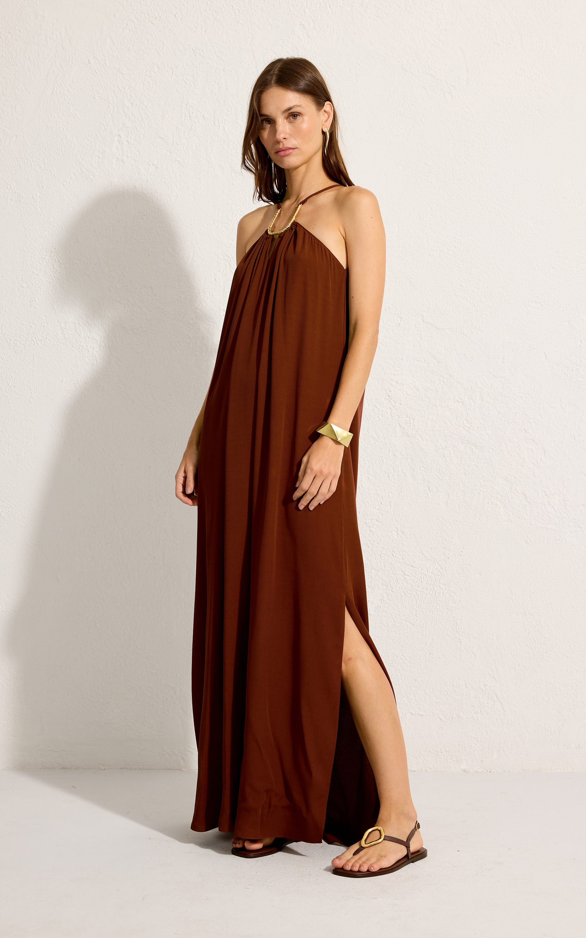 CAPPUCINO BROWN SQUARE DETAIL LONG DRESS