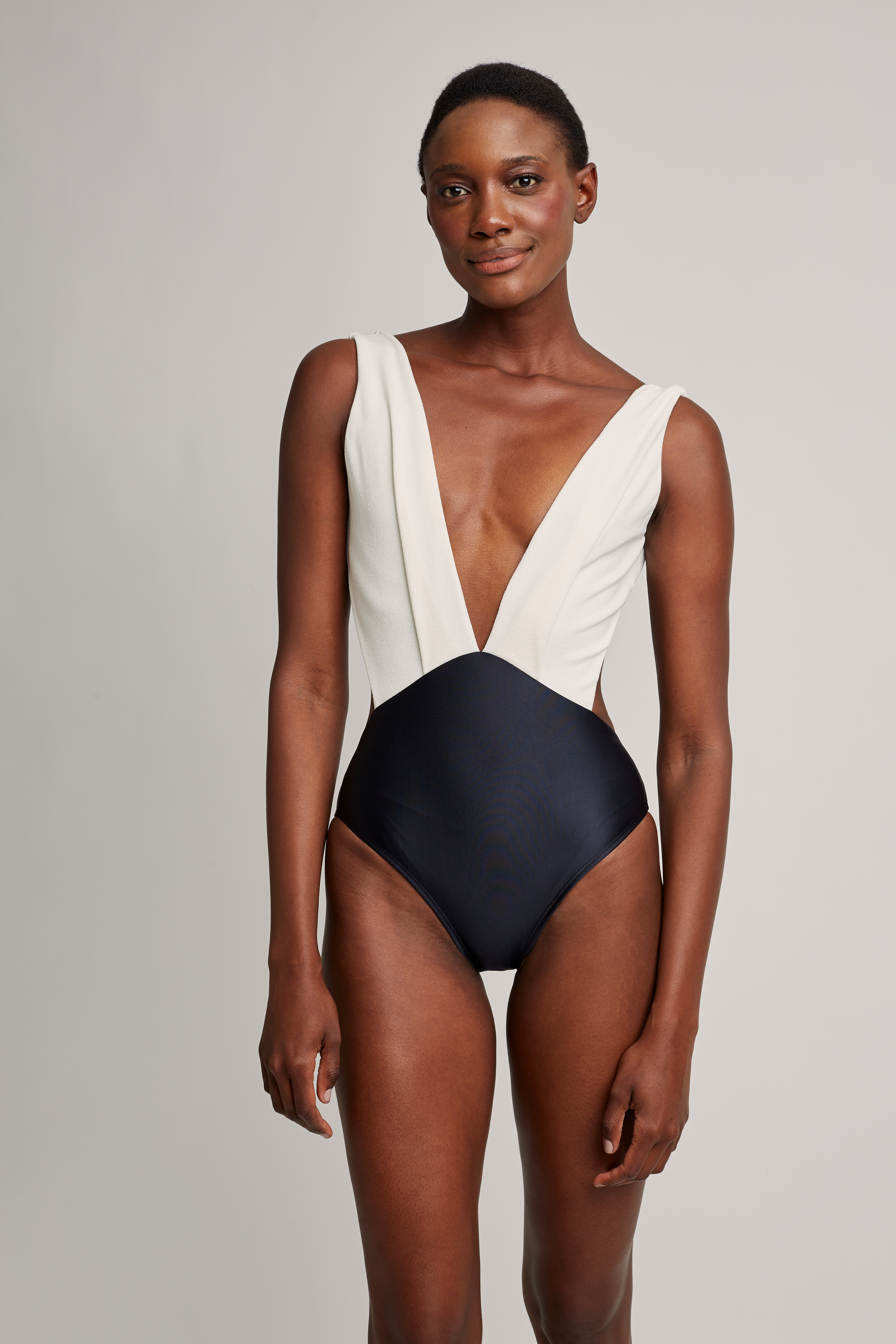 Black / Off White Bicolor Pleated Maillot