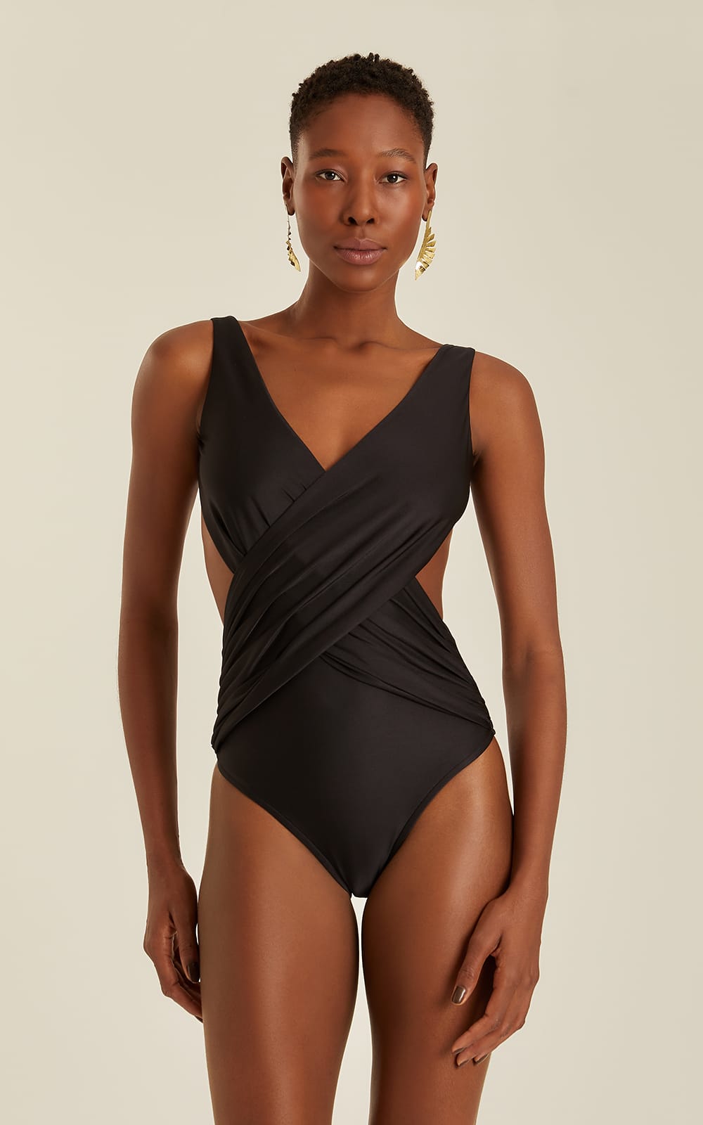 BLACK DRAPED CROSSED ONE PIECE