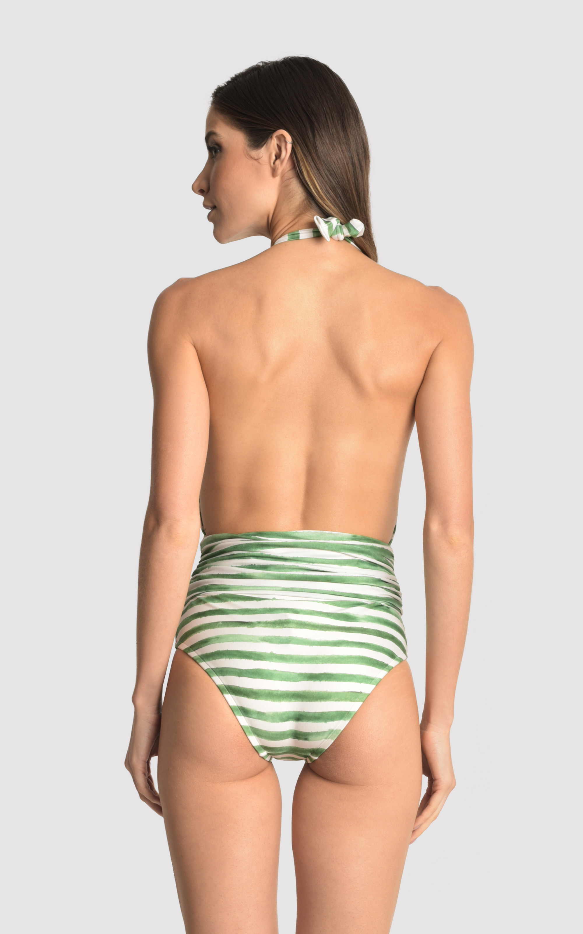 Green Stripe Deep V Maillot 