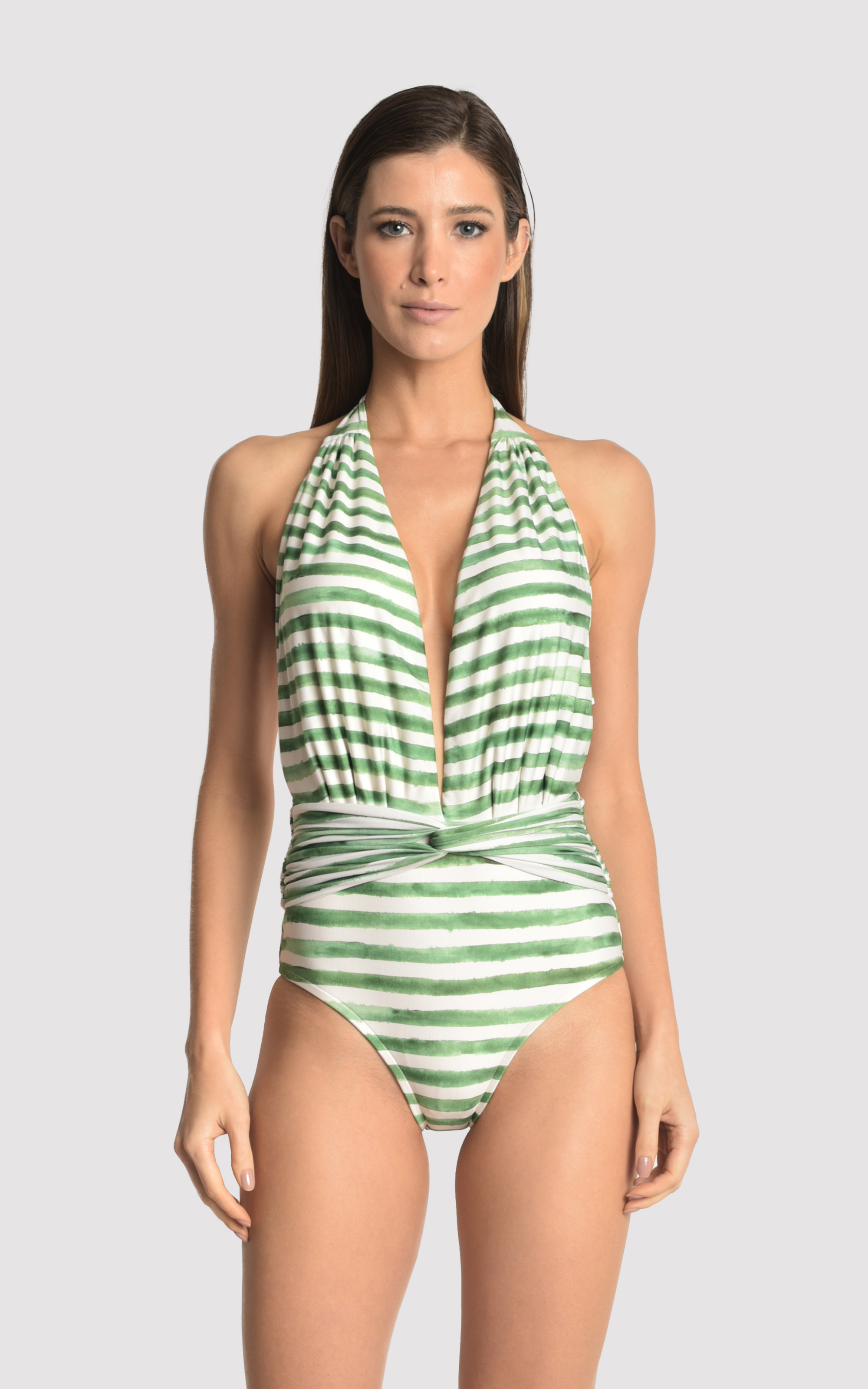 Green Stripe Deep V Maillot 