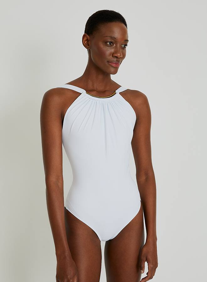 White Embellished High Neck Maillot