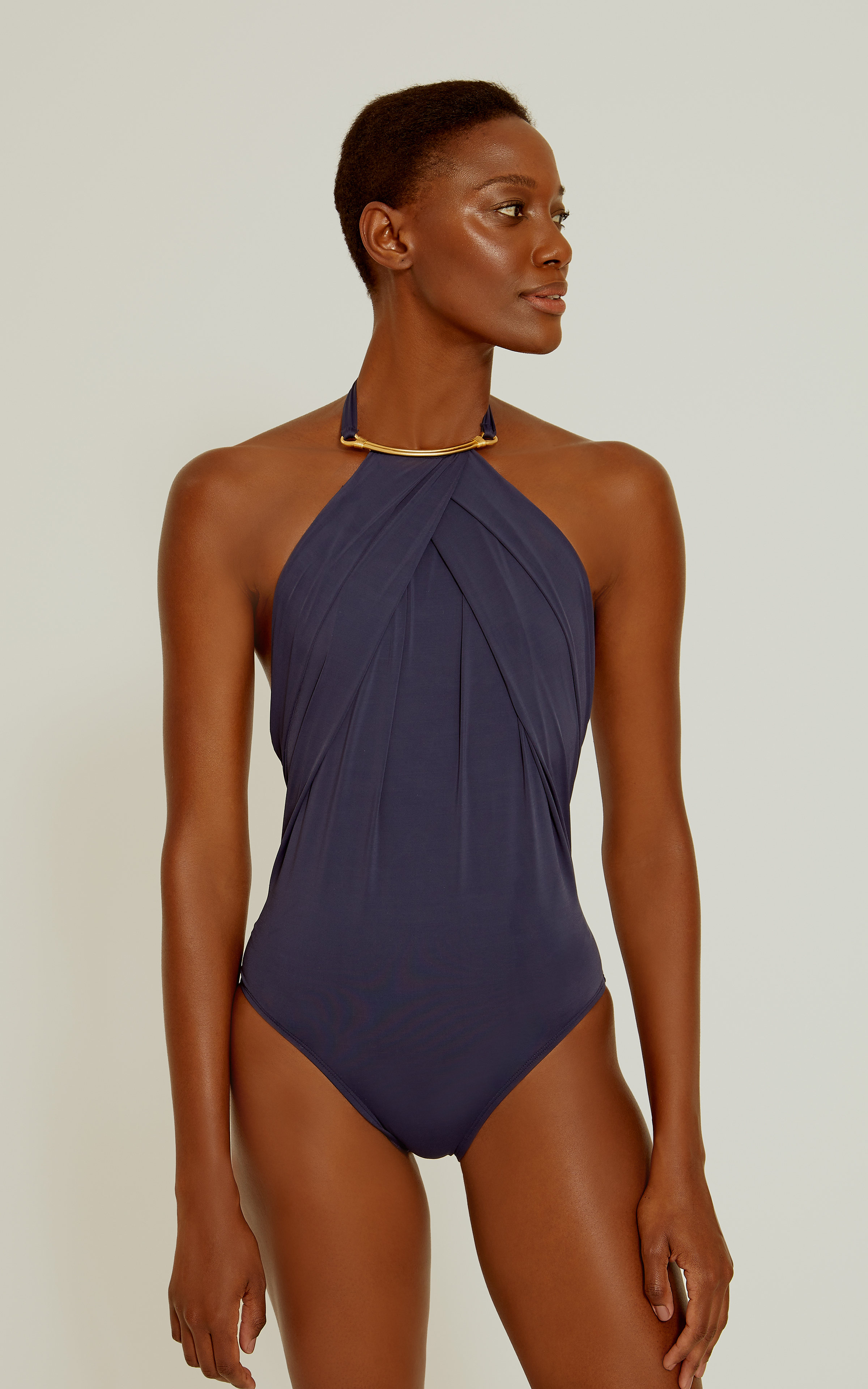 Indigo Blue High Neck Pleated One Piece