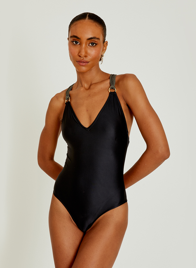 Black Rope V Neck One Piece