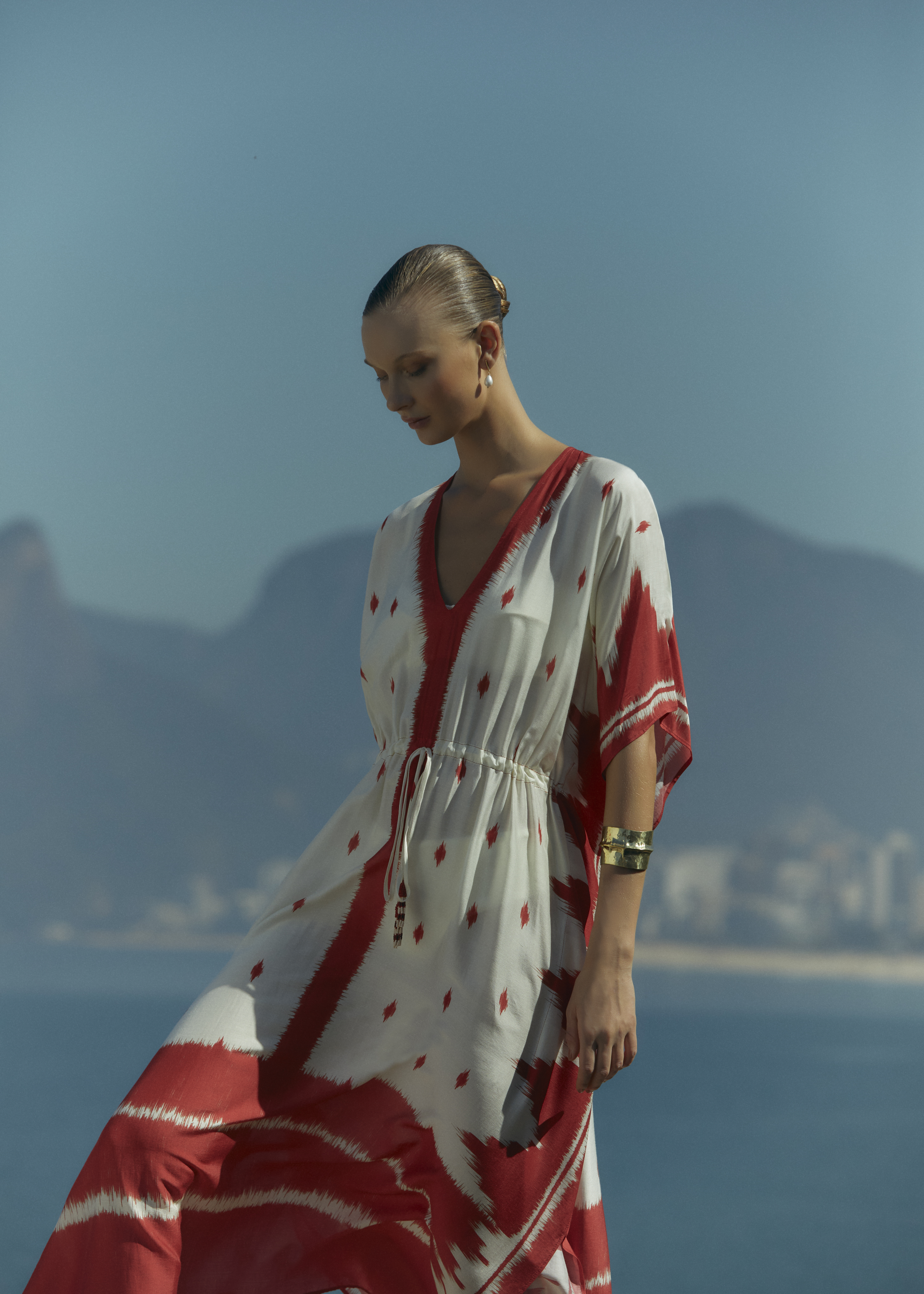 RED IKAT V NECKLINE KAFTAN