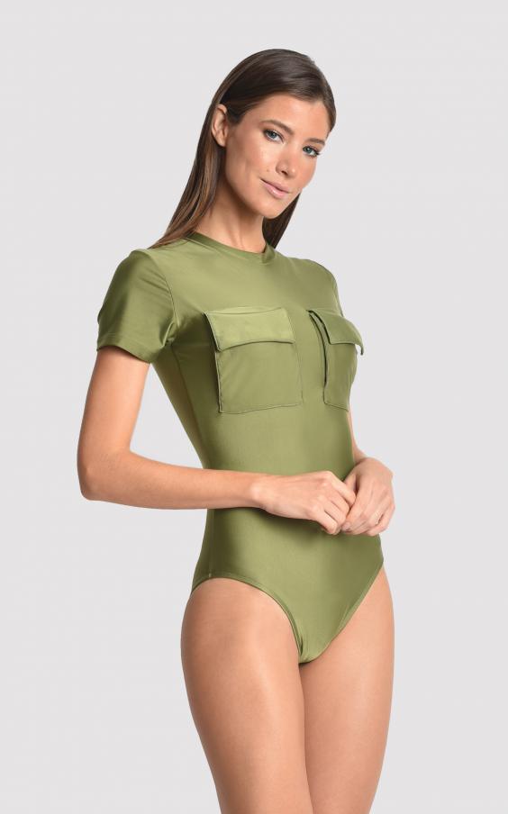 Green Moss Utilitarian Runway Maillot 