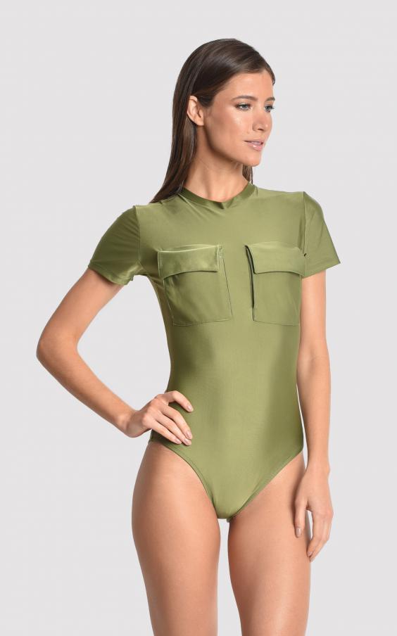 Green Moss Utilitarian Runway Maillot 