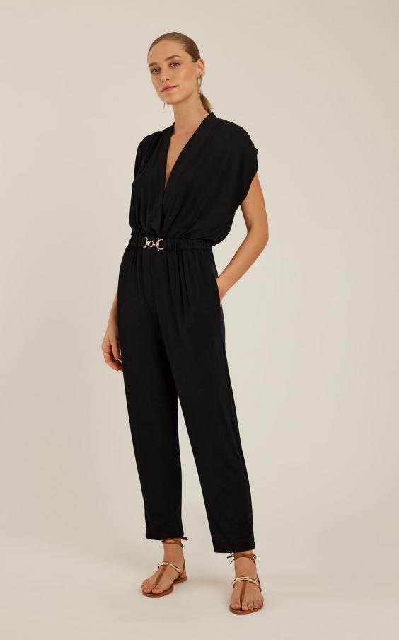 BLACK OVERLAP NECKLINE JUMPSUIT