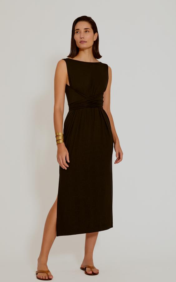 Black Midi Belted Sleeveless Dress