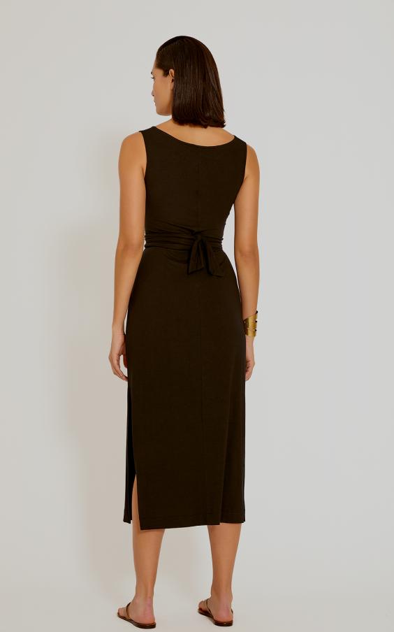 Black Midi Belted Sleeveless Dress