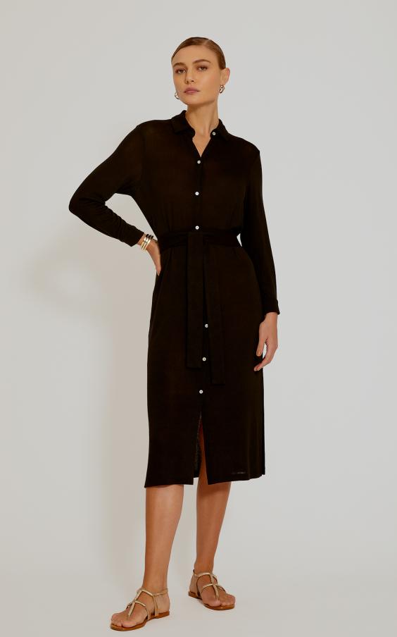 Black Midi Belted Shirt Dress