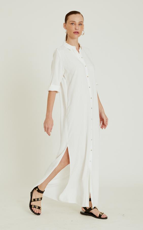 Off White Side Slit Long Chemisier Dress