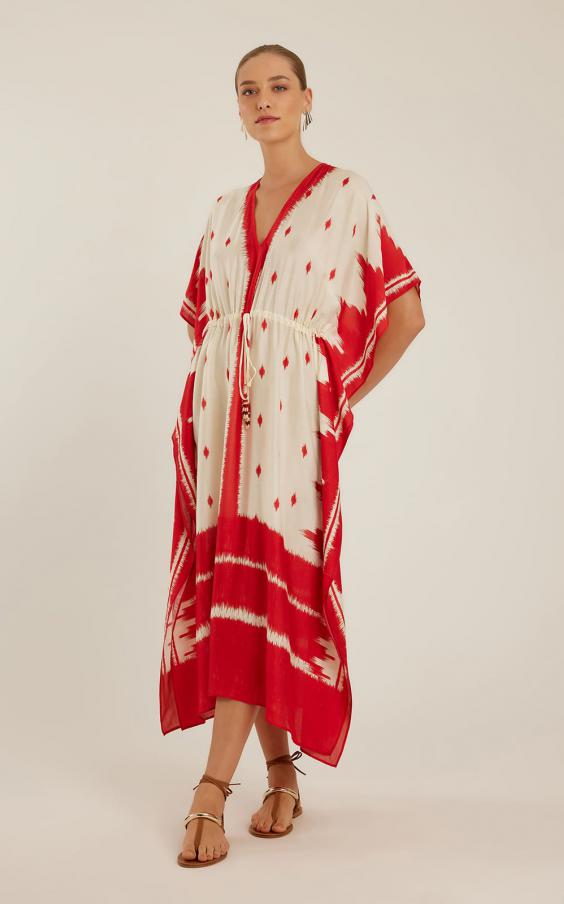 RED IKAT V NECKLINE KAFTAN