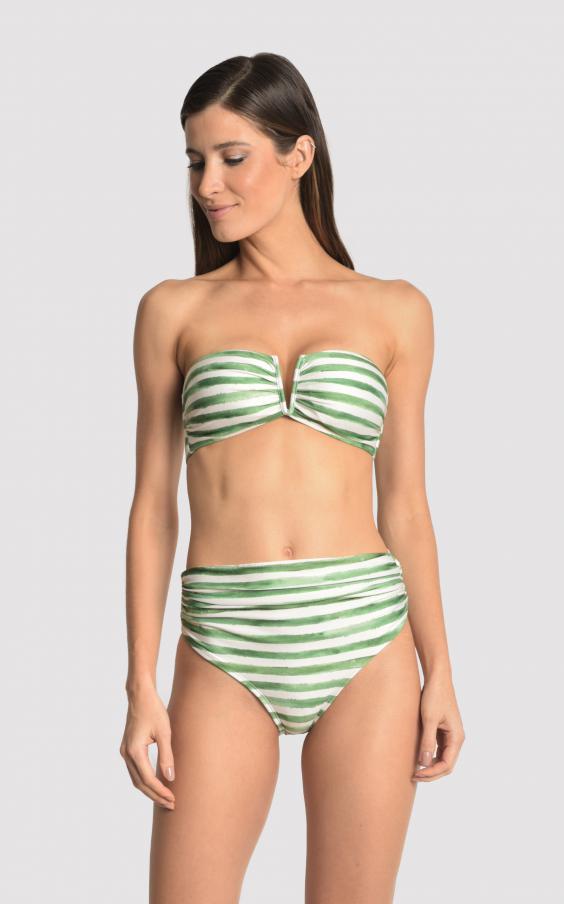 Green Stripe V Drop Bandeau Hw Ruched Bikini 