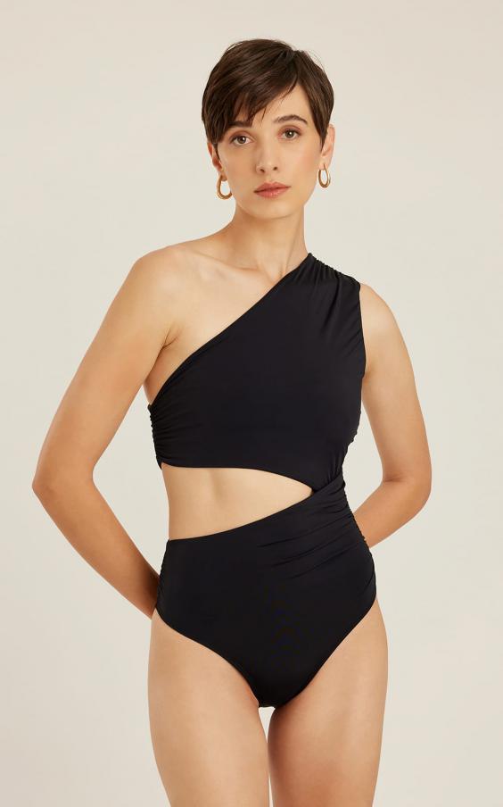 BLACK BIO SLIT RUCHED ONE PIECE