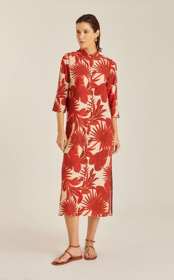 PALM SIDE SLIT LONG SHIRT DRESS