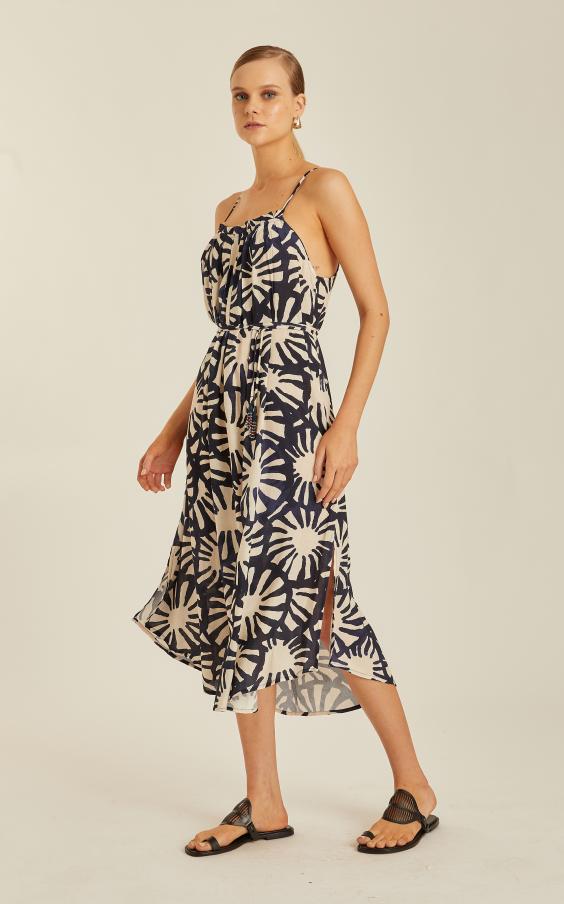 SUNFLOWER PLEATED NECKLINE DRESS
