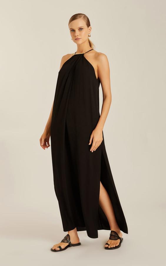 BLACK HALTERNECK DETAILED DRESS