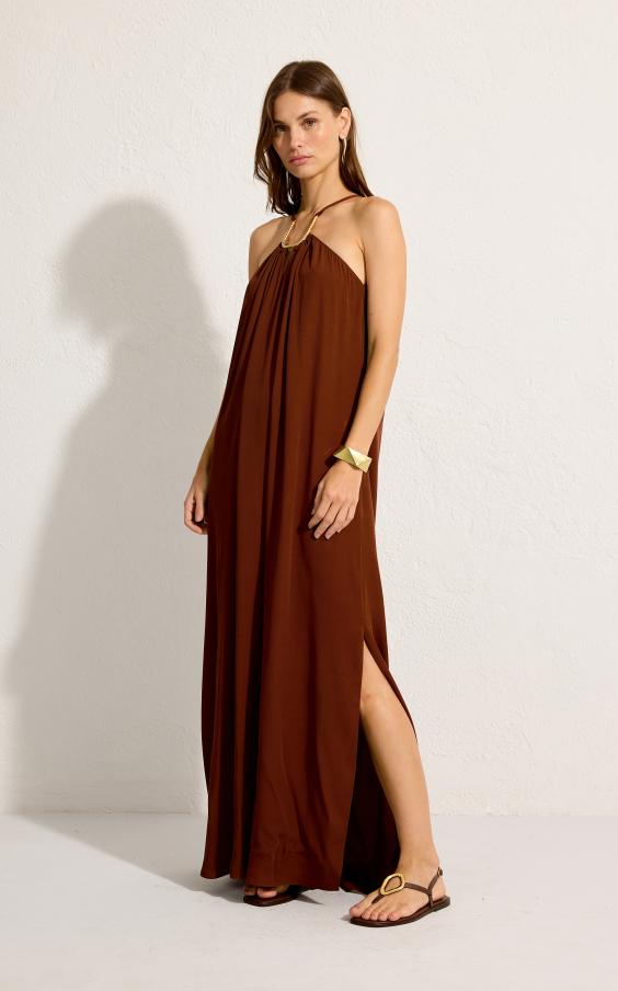 CAPPUCINO BROWN SQUARE DETAIL LONG DRESS