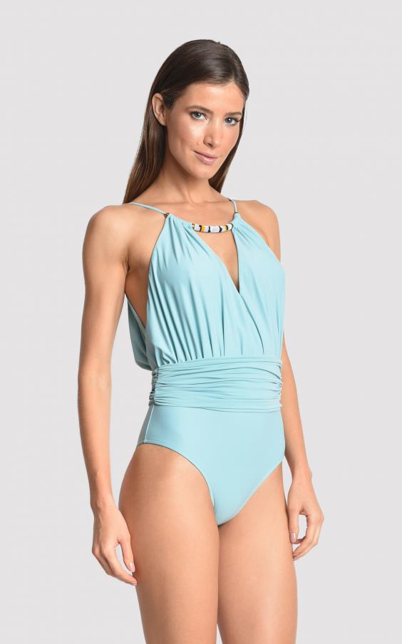 Sea Water Beaded Halter Maillot 