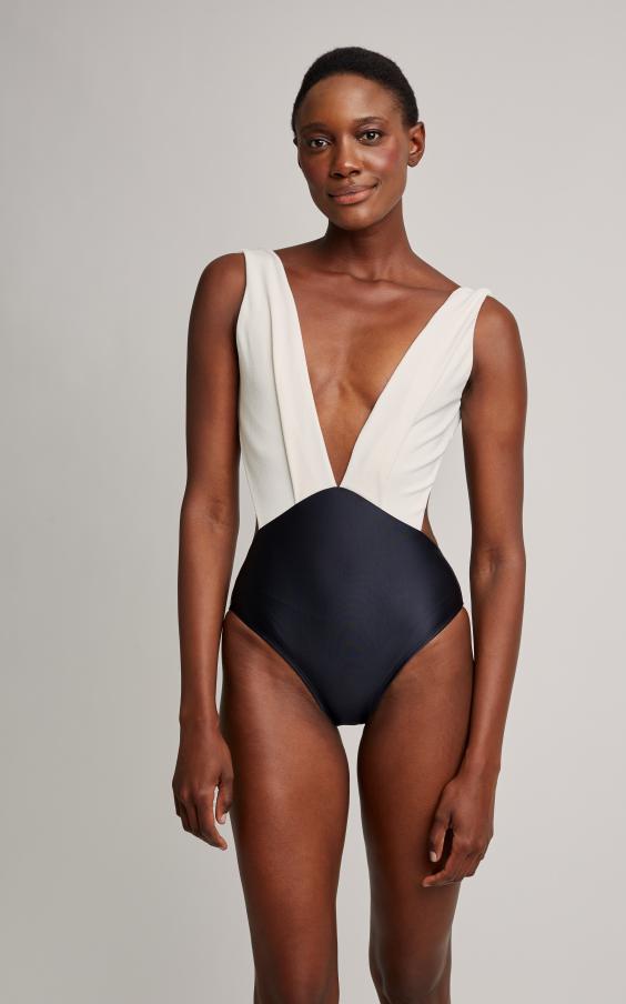 Black / Off White Bicolor Pleated Maillot