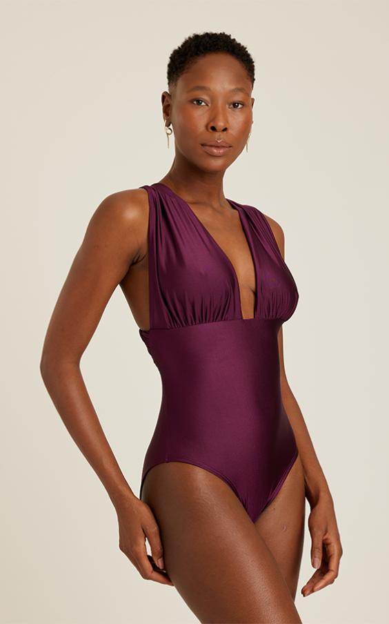 PLUM RUCHED V NECK ONE PIECE
