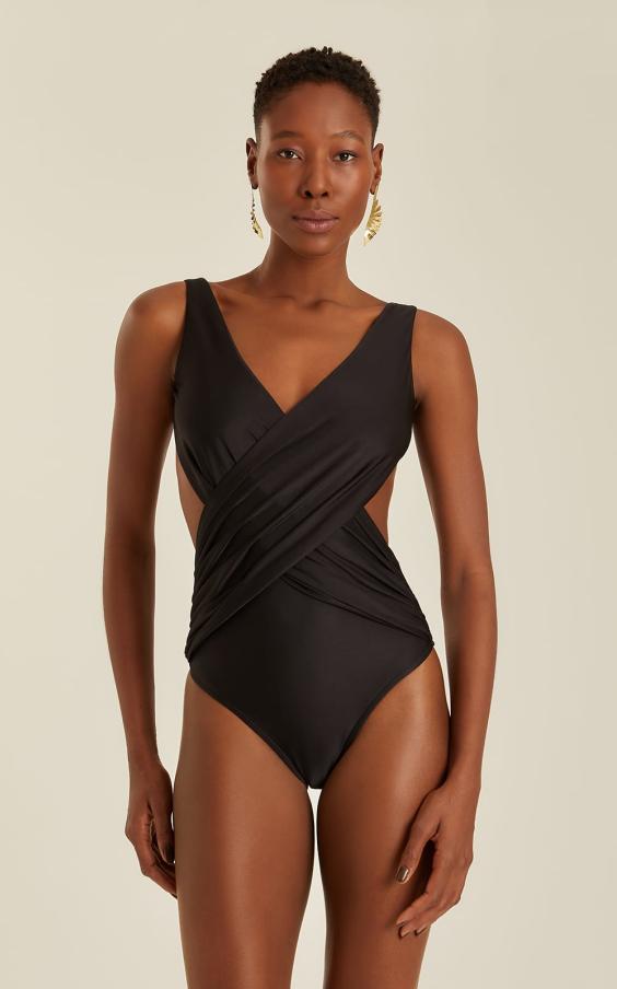 BLACK DRAPED CROSSED ONE PIECE