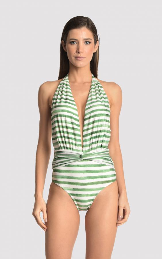 Green Stripe Deep V Maillot 