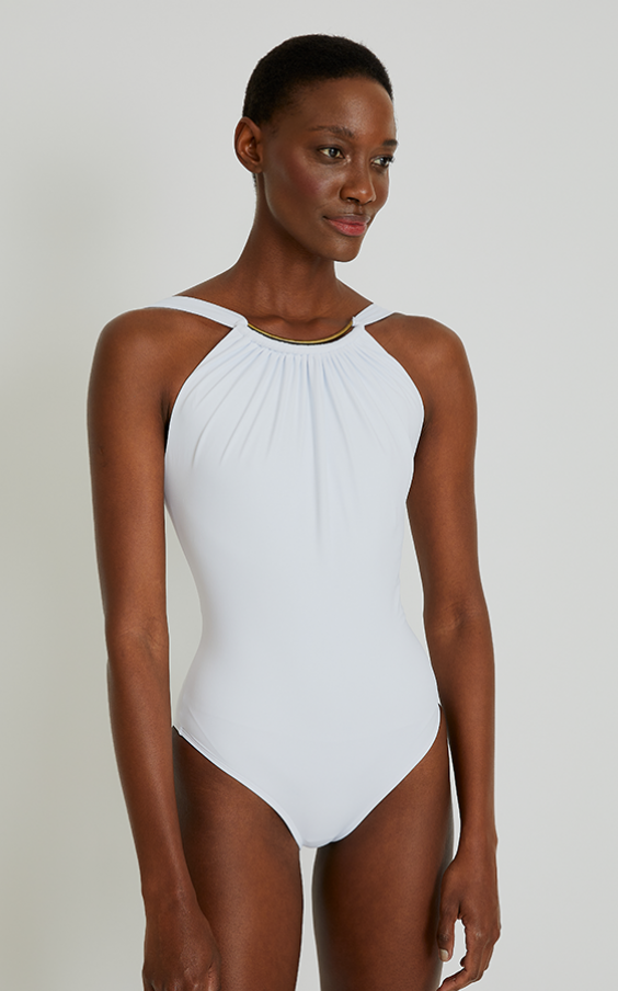 White Embellished High Neck Maillot