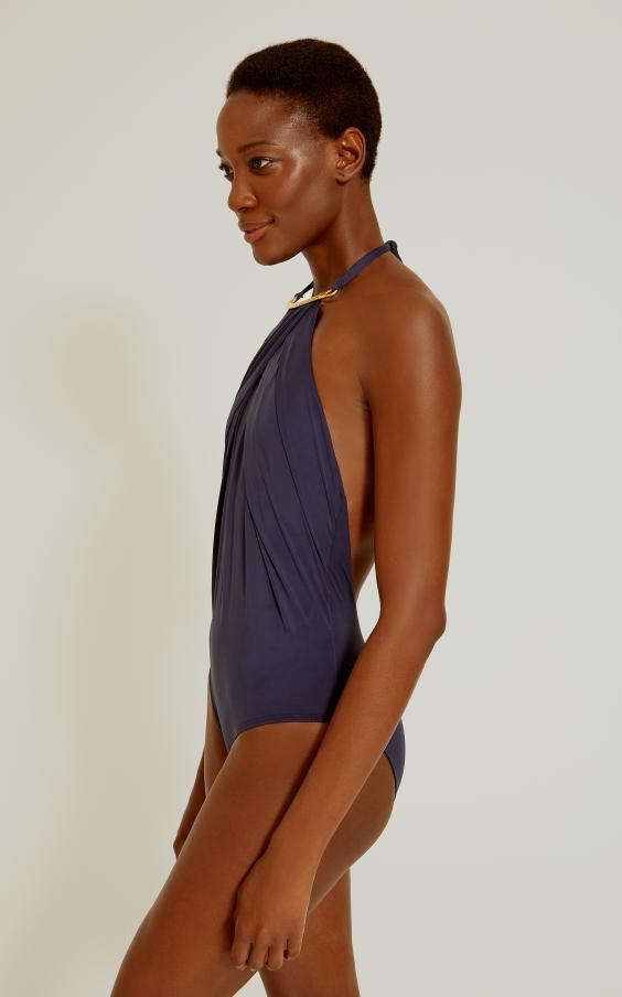 Indigo Blue High Neck Pleated One Piece