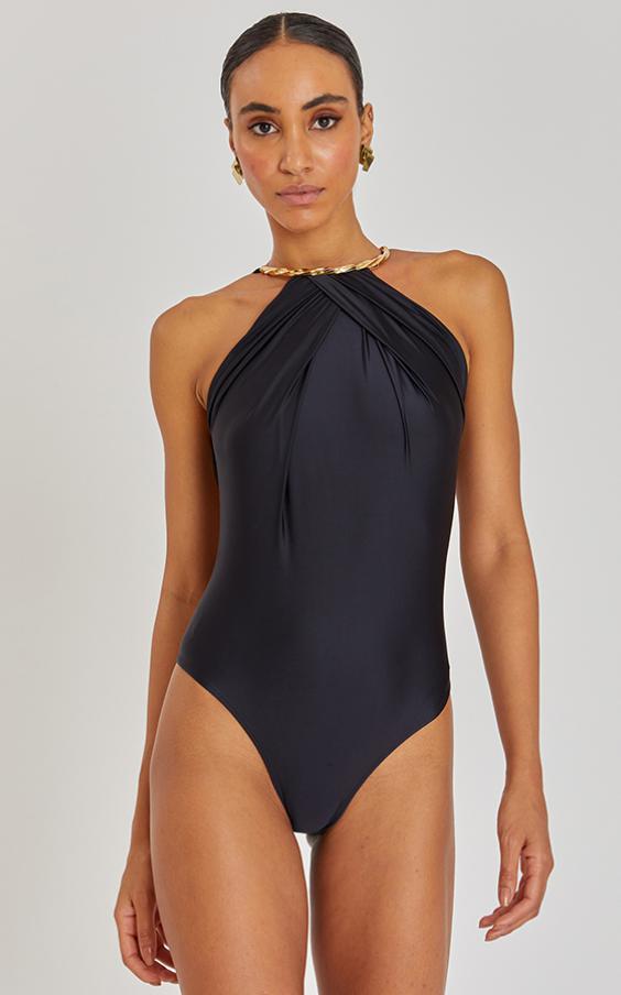 BLACK HIGH NECK PLEATED ONE PIECE