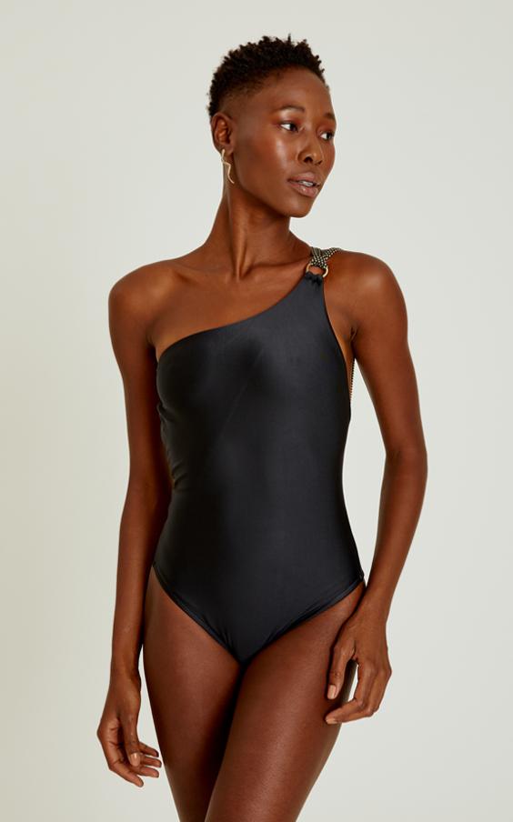 Black One Shoulder Rope One Piece