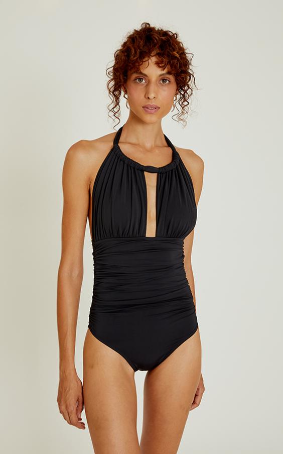 Black Ruched Halter One Piece