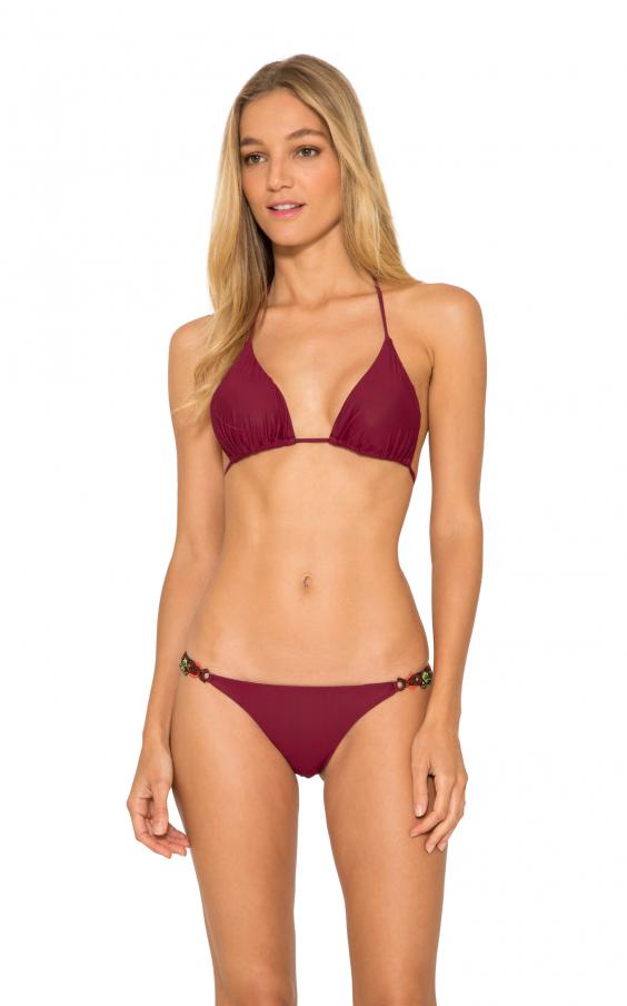 Burgundy Long Halter Embroidered Bikini 