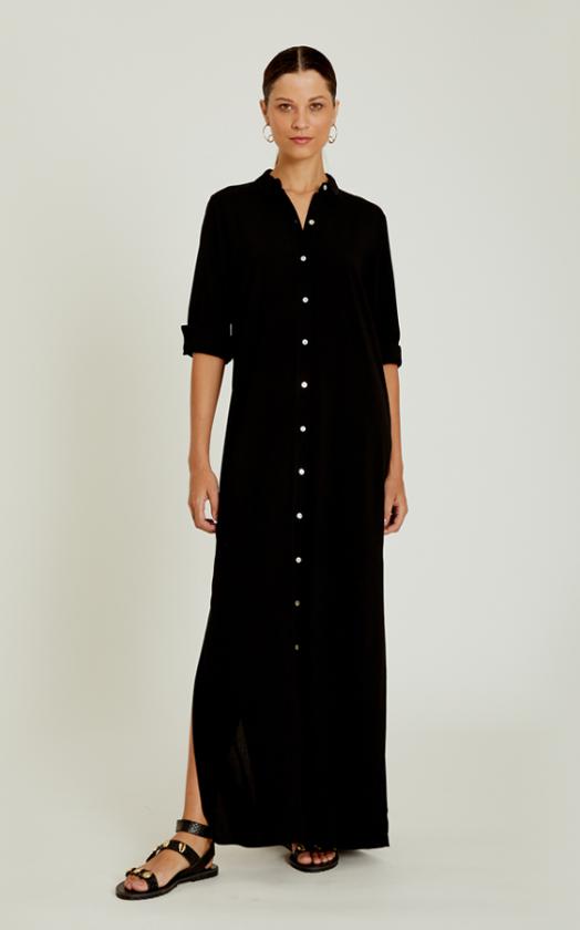 Black Side Slit Long Chemisier Dress